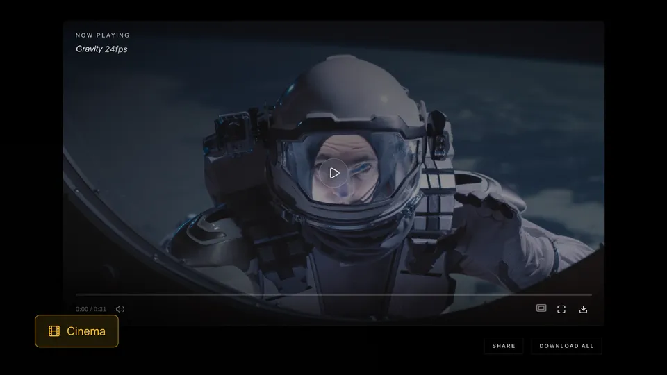 A Cinema delivery: a video paused in the player, with Share and Download all below