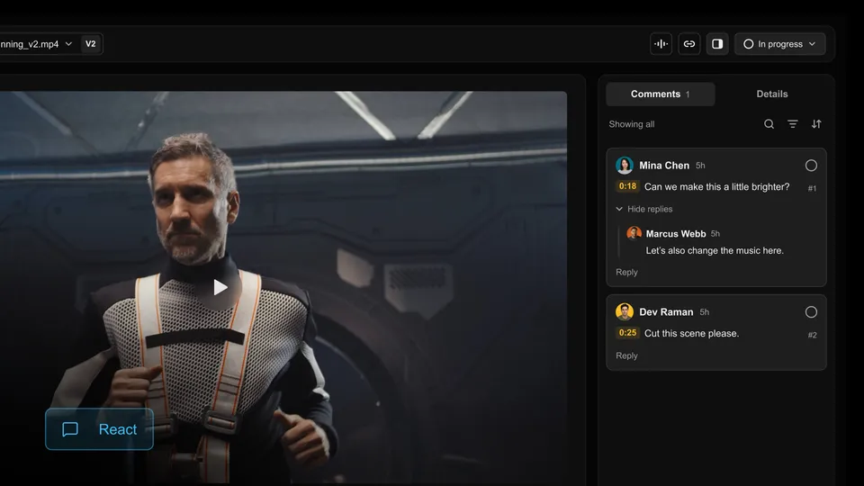 A React review: a video beside timecoded client comments and replies