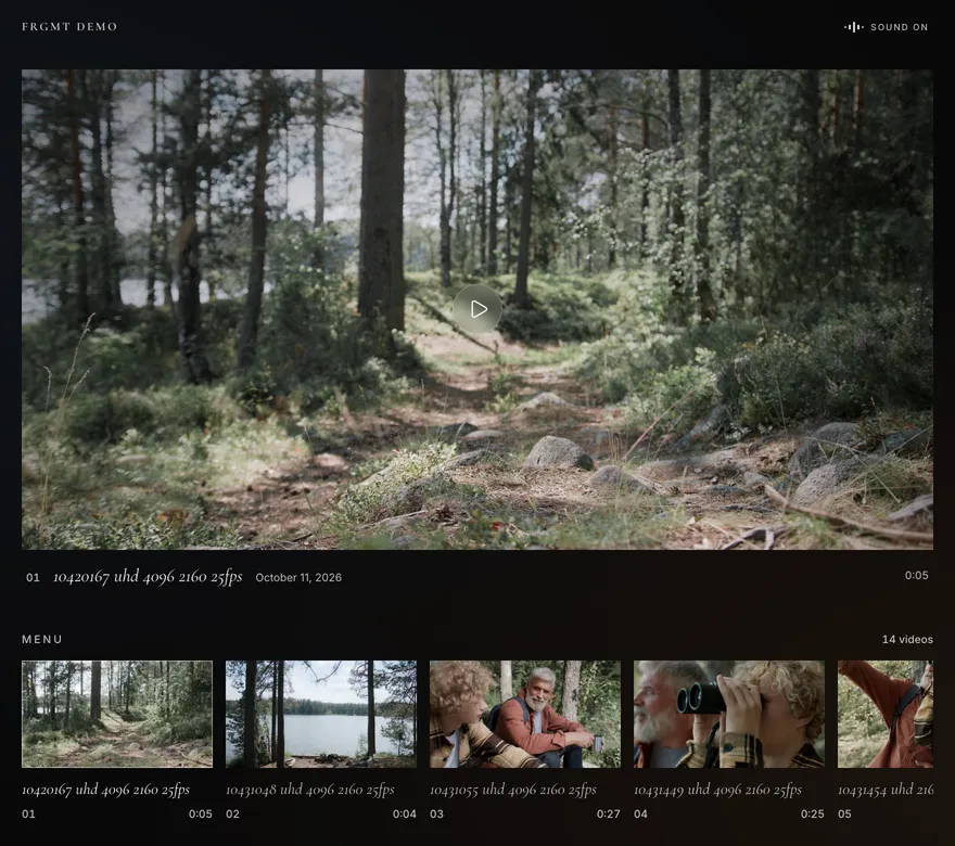 The Camp Nord Cinema page: a forest path in a wide player under the studio name, with a menu of 14 videos below it and Download all at the foot