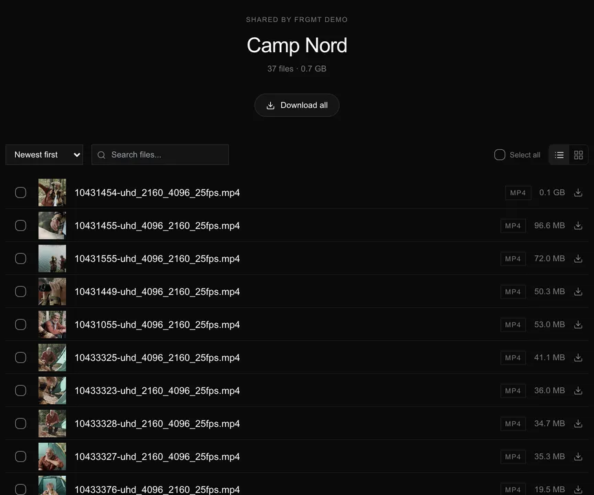 A shared Camp Nord folder: 37 files and 0.7 GB with Download all, then a list of MP4 files with their sizes and a download control on each