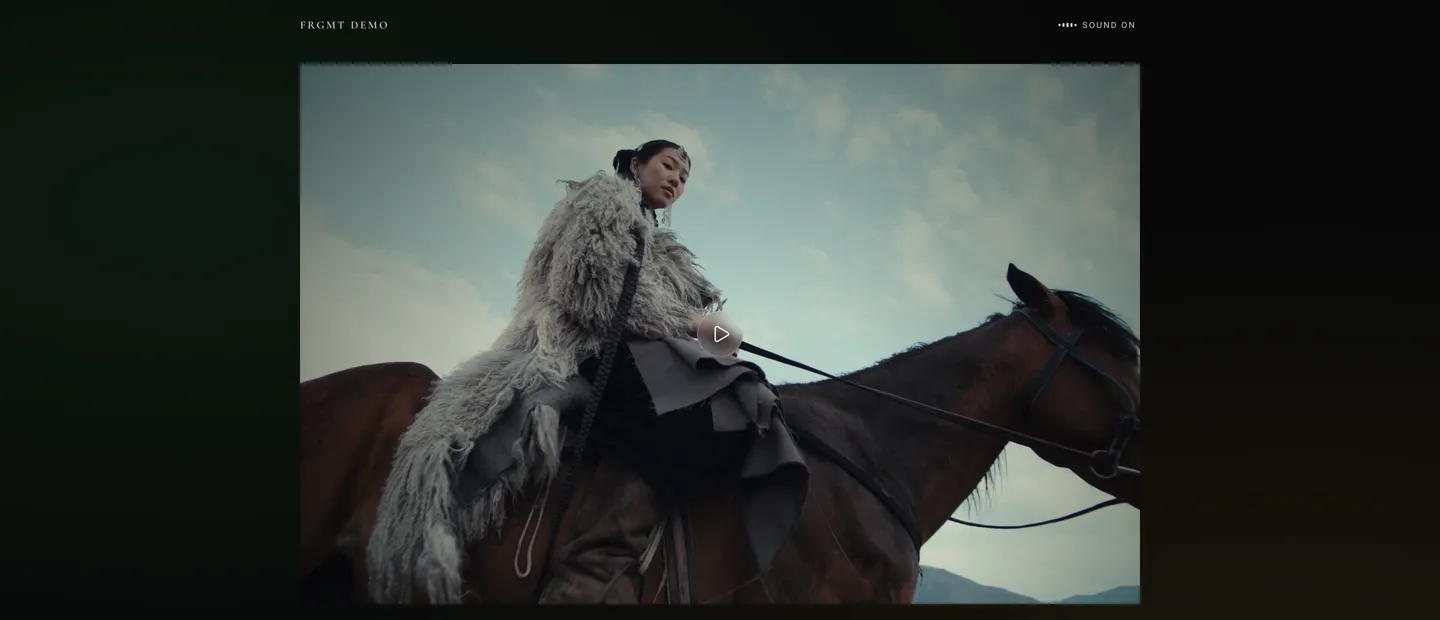 The Altyn Cinema page: a rider in a sheepskin coat on a horse under a pale sky, in a wide player with the studio name and the sound control above it