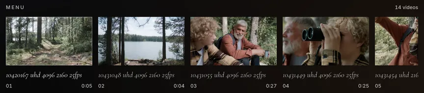 The Camp Nord menu: a strip of video stills, each with its title and length, under the player