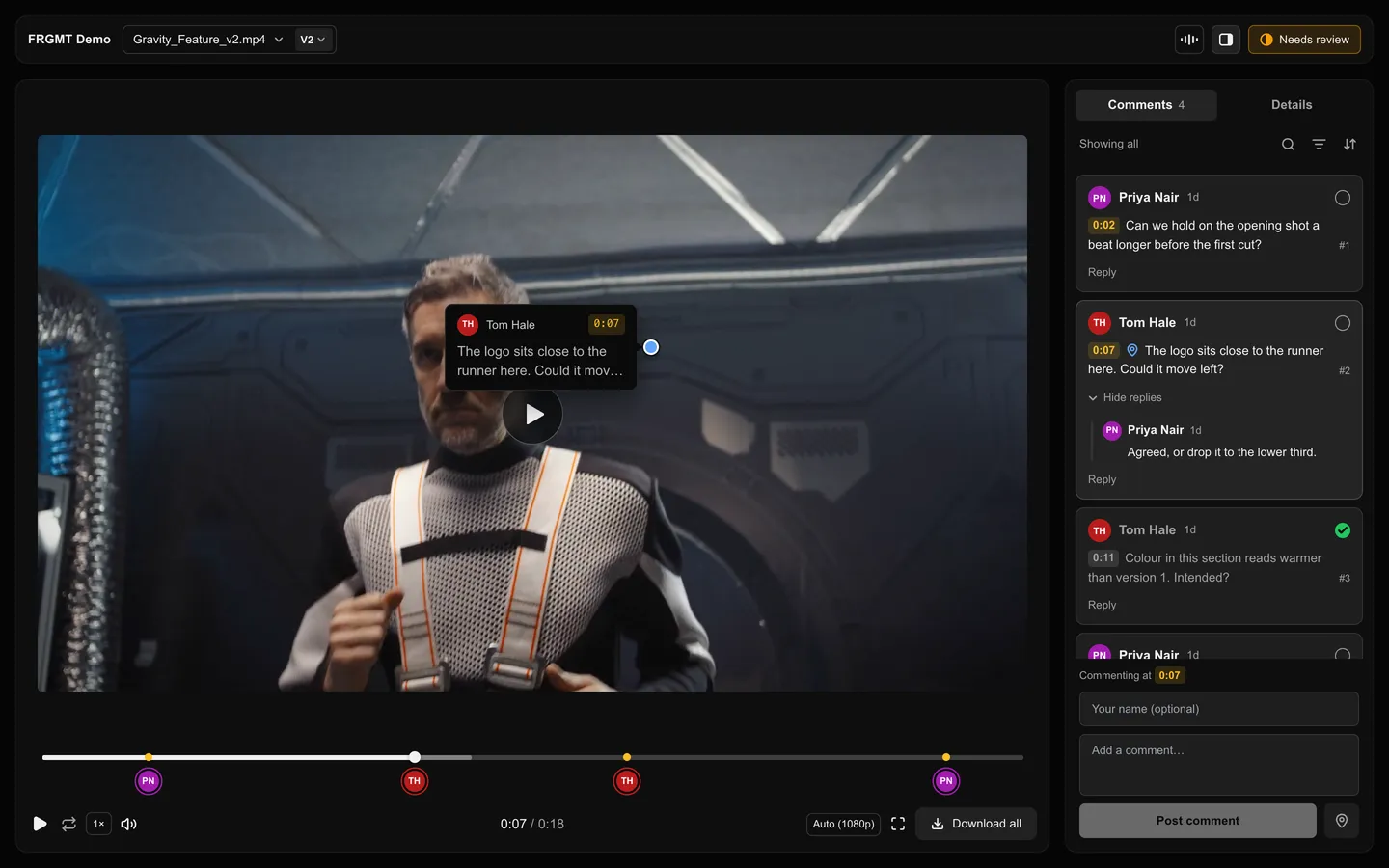 The Gravity Feature review: a runner on a track with Tom Hale's note pinned to the frame at 0:07, the comment list beside the player and the review marked Needs review