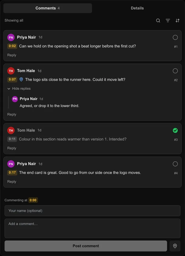 A React review thread: timestamped comments from a client and a reply from the studio
