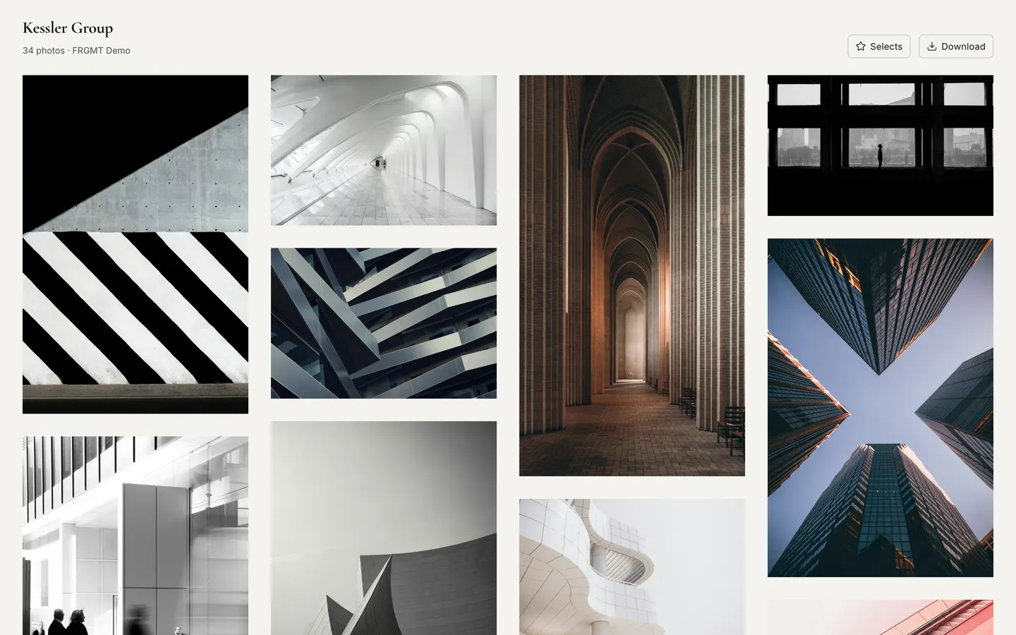 The Kessler Group gallery: a four-column mosaic of architecture photographs on a light ground, with Selects and Download at the top