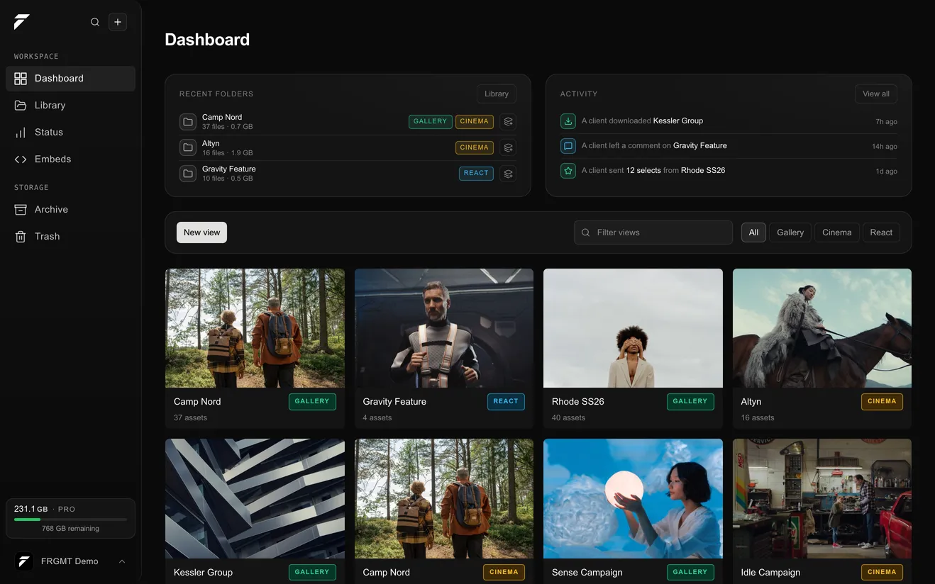 The FRGMT dashboard: recent folders, client activity and deliveries